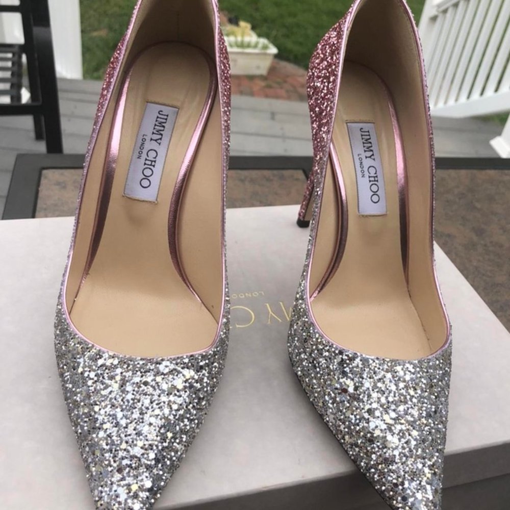 JIMMY CHOO ROMY 100 Platinum and Flamingo Ice Glitter Dégradé Fabric Pointy Toe - Picture 2 of 2